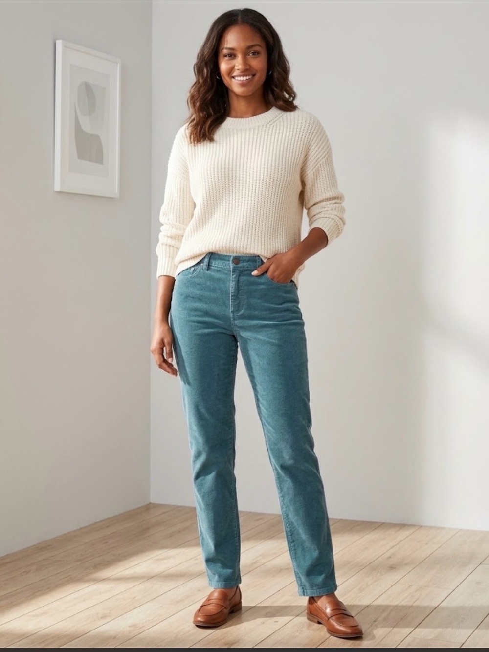 Soft Surroundings Girlfriend High Rise Stretch Corduroy Straight Pants Teal 8